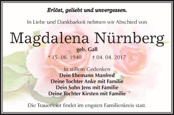 Traueranzeige von Magdalena Nürnberg von WVG - Wochenspiegel Wittenberg