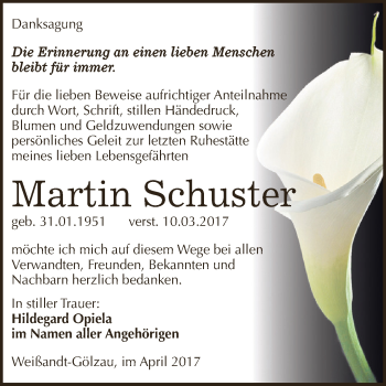 Traueranzeige von Martin Schuster von WVG - Wochenspiegel Dessau / Köthen