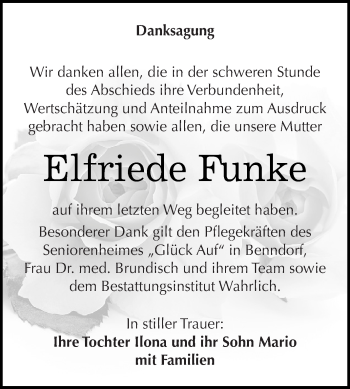 Traueranzeige von Elfriede Funke von Super Sonntag SGH Mansf. Land
