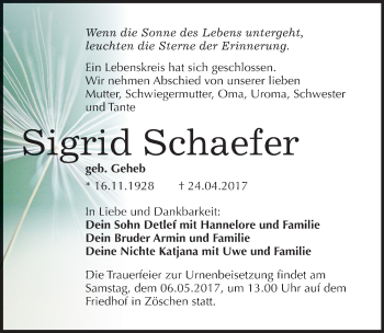 Traueranzeige von Sigrid Schaefer von Mitteldeutsche Zeitung Merseburg/Querfurt