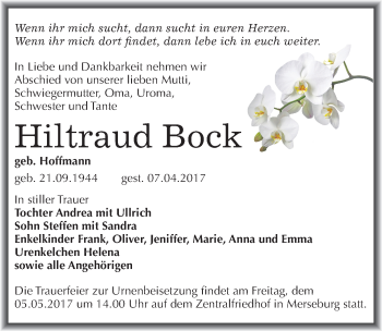 Traueranzeige von Hiltraud Bock von Mitteldeutsche Zeitung Merseburg/Querfurt