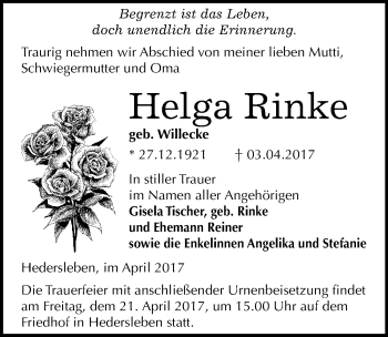Traueranzeige von Helga Rinke von Mitteldeutsche Zeitung Quedlinburg