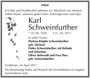 Traueranzeige von Karl Schweinfurther von Mitteldeutsche Zeitung Mansfelder Land