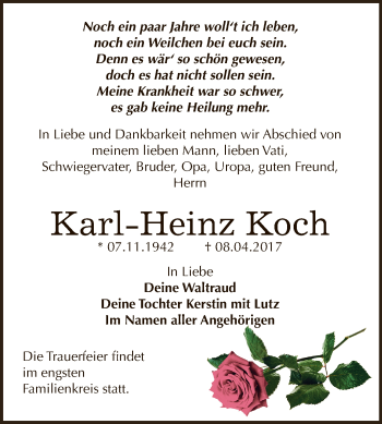 Traueranzeige von Karl-Heinz Koch von WVG - Wochenspiegel NMB / WSF / ZTZ