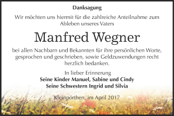 Traueranzeige von Manfred Wegner von Super Sonntag Zeitz