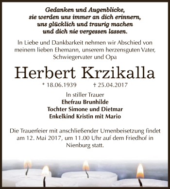 Traueranzeige von Herbert Krzikalla von Super Sonntag Bernburg