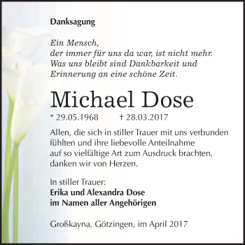 Traueranzeige von Michael Dose von WVG - Wochenspiegel Merseburg