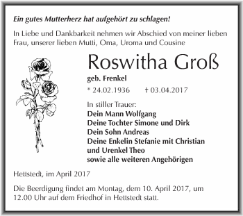 Traueranzeige von Roswitha Groß von Super Sonntag SGH Mansf. Land