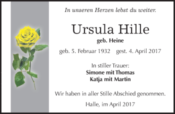 Traueranzeige von Ursula Hille von Mitteldeutsche Zeitung Halle/Saalkreis