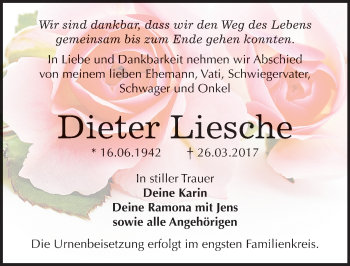 Traueranzeige von Dieter Liesche von Mitteldeutsche Zeitung Bitterfeld