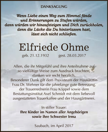 Traueranzeige von Elfriede Ohme von WVG - Wochenspiegel NMB / WSF / ZTZ