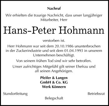 Traueranzeige von Hans-Peter Hohmann von Mitteldeutsche Zeitung