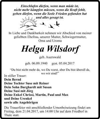 Traueranzeige von Helga Wilsdorf von Mitteldeutsche Zeitung Quedlinburg