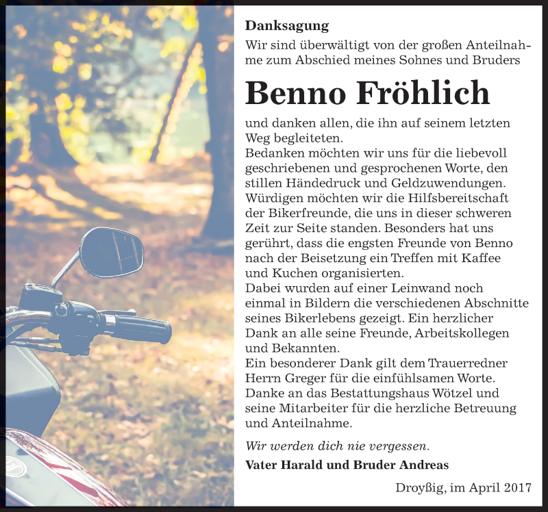  Traueranzeige für Benno Fröhlich vom 08.04.2017 aus Mitteldeutsche Zeitung Zeitz