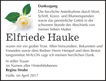 Traueranzeige von Elfriede Hauke von Mitteldeutsche Zeitung Halle/Saalkreis