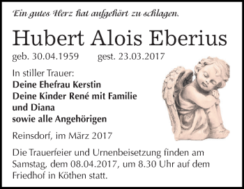 Traueranzeige von Hubert Alois Eberius von WVG - Wochenspiegel Dessau / Köthen