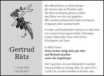Traueranzeige von Gertrud Rätz von WVG - Wochenspiegel Dessau / Köthen