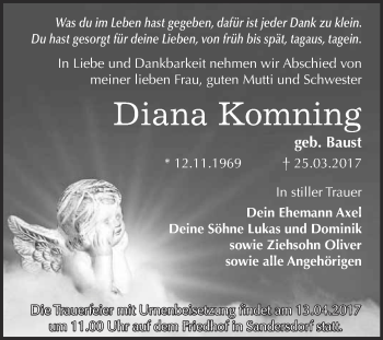 Traueranzeige von Diana Komning von WVG - Wochenspiegel Bitterfeld