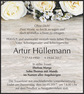 Traueranzeige von Artur Hüllemann von Super Sonntag Bernburg