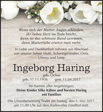 Traueranzeige von Ingeborg Haring von Mitteldeutsche Zeitung Halle/Saalkreis