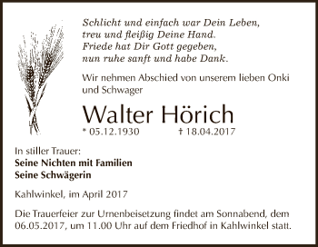 Traueranzeige von Walter Hörich von WVG - Wochenspiegel NMB / WSF / ZTZ