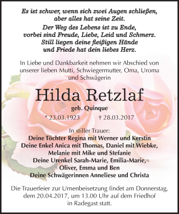 Traueranzeige von Hilda Retzlaf von Mitteldeutsche Zeitung Köthen