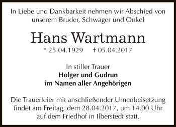 Traueranzeige von Hans Wartmann von Super Sonntag Bernburg