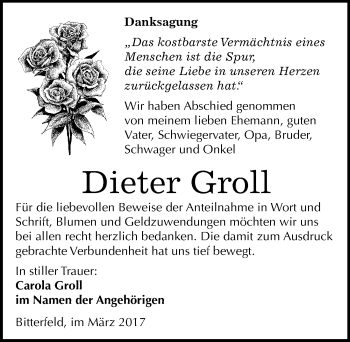 Traueranzeige von Dieter Groll von Mitteldeutsche Zeitung Bitterfeld