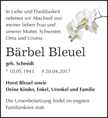 Traueranzeige von Bärbel Bleuel von Mitteldeutsche Zeitung Halle/Saalkreis