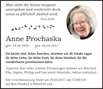 Traueranzeige von Anne Prochaska von Mitteldeutsche Zeitung Bitterfeld