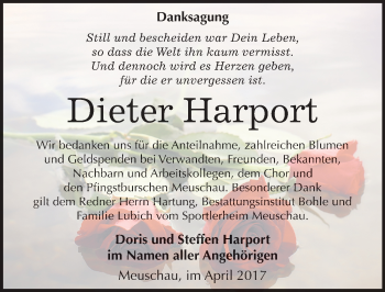 Traueranzeige von Dieter Harport von Mitteldeutsche Zeitung Merseburg/Querfurt
