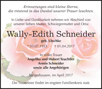 Traueranzeige von Wally-Edith Schneider von Mitteldeutsche Zeitung Sangerhausen