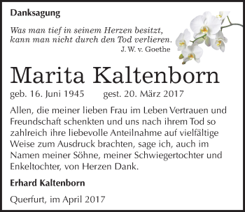 Traueranzeige von Marita Kaltenborn von Mitteldeutsche Zeitung Merseburg/Querfurt
