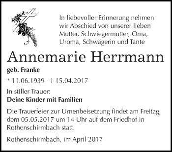 Traueranzeige von Annemarie Herrmann von Wochenspiegel Mansfelder Land