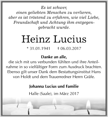 Traueranzeige von Heinz Lucius von Mitteldeutsche Zeitung Halle/Saalkreis