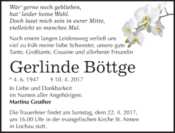 Traueranzeige von Gerlinde Böttge von Mitteldeutsche Zeitung Halle/Saalkreis