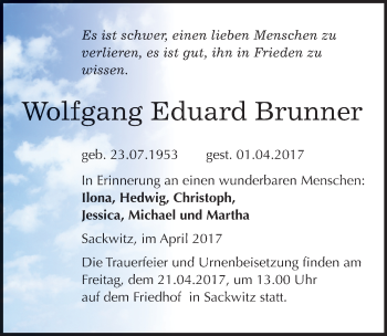Traueranzeige von Wolfgang Eduard Brunner von Mitteldeutsche Zeitung Wittenberg