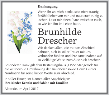 Traueranzeige von Brunhilde Drescher von Mitteldeutsche Zeitung Mansfelder Land