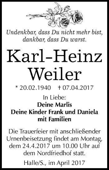 Traueranzeige von Karl-Heinz Weiler von Mitteldeutsche Zeitung Halle/Saalkreis
