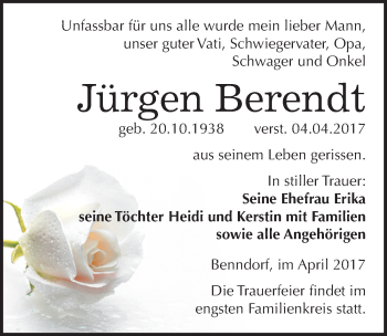 Traueranzeige von Jürgen Berendt von Mitteldeutsche Zeitung Mansfelder Land