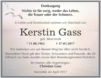 Traueranzeige von Kerstin Gass von Wochenspiegel Mansfelder Land