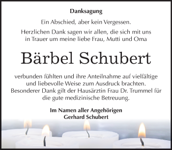 Traueranzeige von Bärbel Schubert von Mitteldeutsche Zeitung Bitterfeld