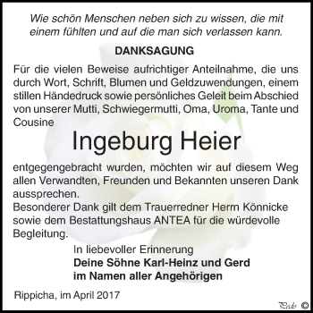 Traueranzeige von Ingeburg Heier von Super Sonntag Zeitz