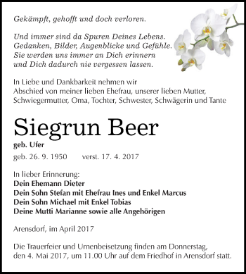 Traueranzeige von Siegrun Beer von WVG - Wochenspiegel Dessau / Köthen