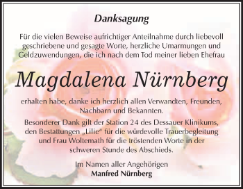 Traueranzeige von Magdalena Nürnberg von WVG - Wochenspiegel Wittenberg