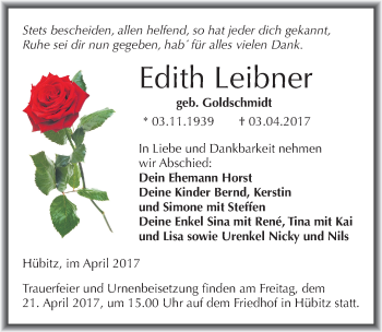 Traueranzeige von Edith Leibner von Mitteldeutsche Zeitung Mansfelder Land