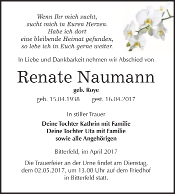 Traueranzeige von Renate Naumann von WVG - Wochenspiegel Bitterfeld