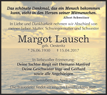 Traueranzeige von Margot Lausch von Super Sonntag Aschersleben