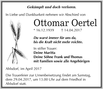 Traueranzeige von Ottomar Oertel von Mitteldeutsche Zeitung Mansfelder Land