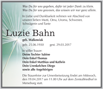 Traueranzeige von Luzie Bahn von Mitteldeutsche Zeitung Merseburg/Querfurt